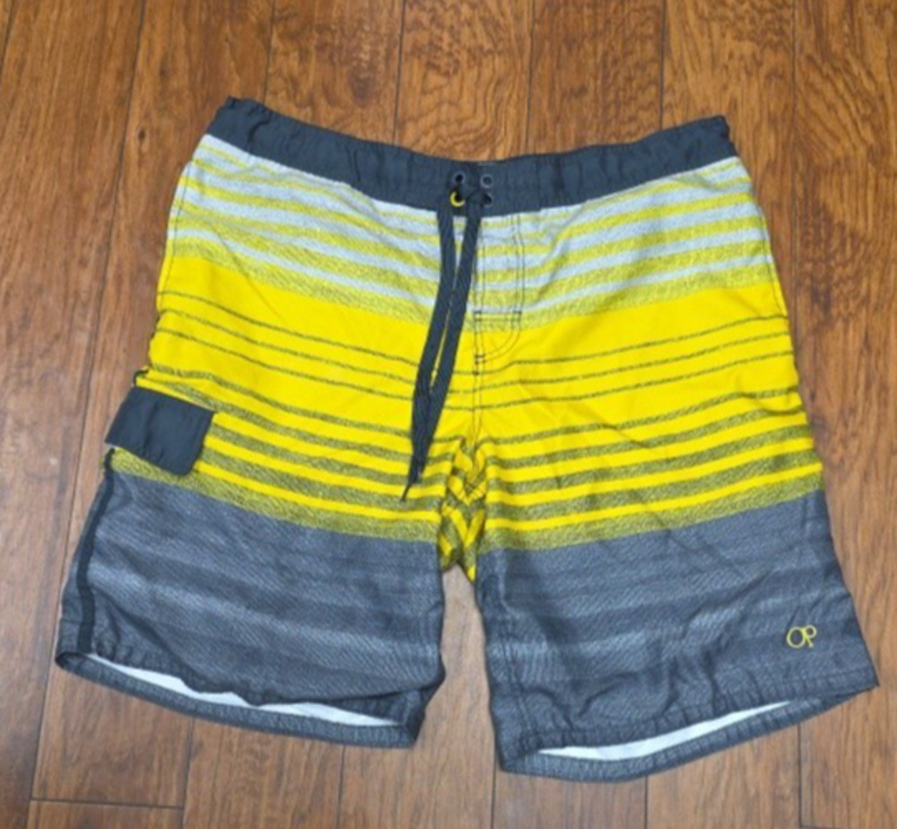 OP Ocean Pacific Mens Board Shorts Large Yellow Gray Striped Swim Trunks L